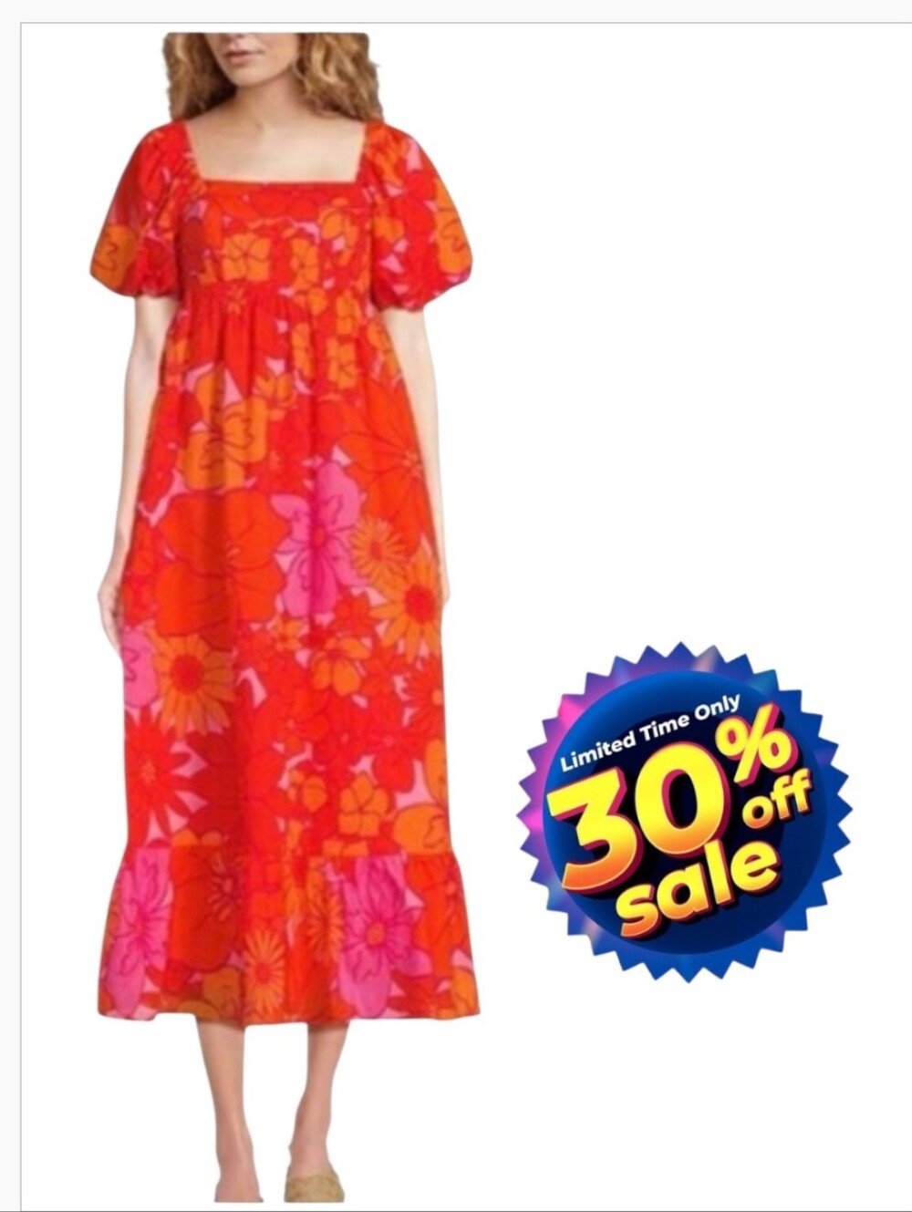 NWT J. Marie Lizzie Babydoll Midi Dress M Orange Pink Floral Puff Sleeve
